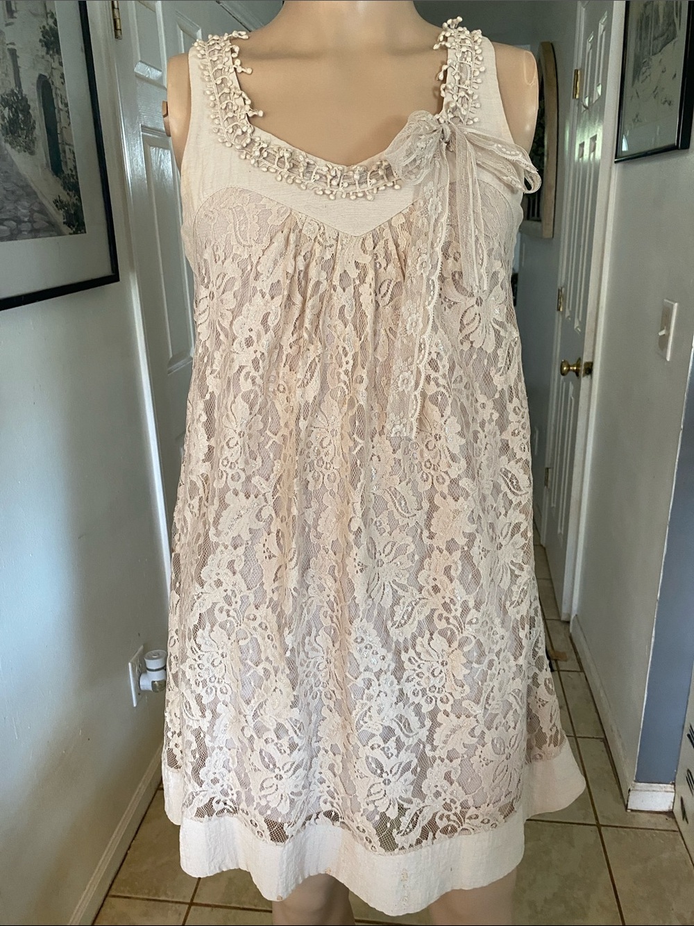 213 Lace shift dress in Blush tan